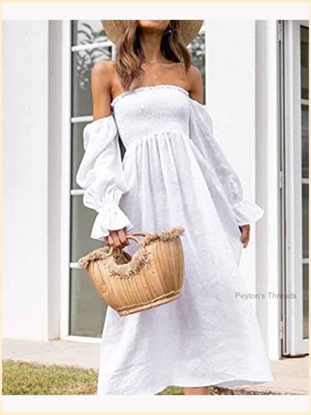 Long Sleeve Smocked Off Shoulder A-Line Midi Dress Casual Flowy - Picture 3 of 7